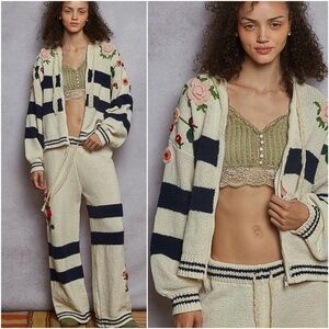 POL Cream Floral Crochet Color Block Chenille Zip up Hoodie Cardigan